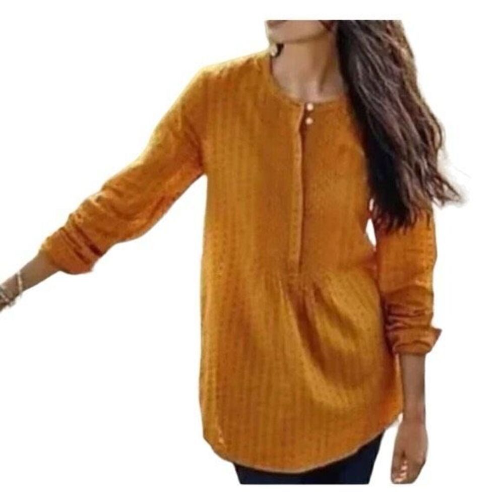 J Jill PL Mustard Yellow Clip-Dot Popover Tunic Top Textured Cottagecore Boho